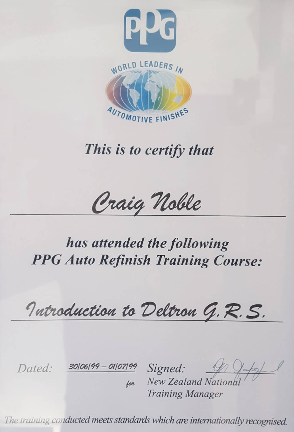 PPG Automotive Refinish Training Certificate Of Craig Noble Marlborough NZ
