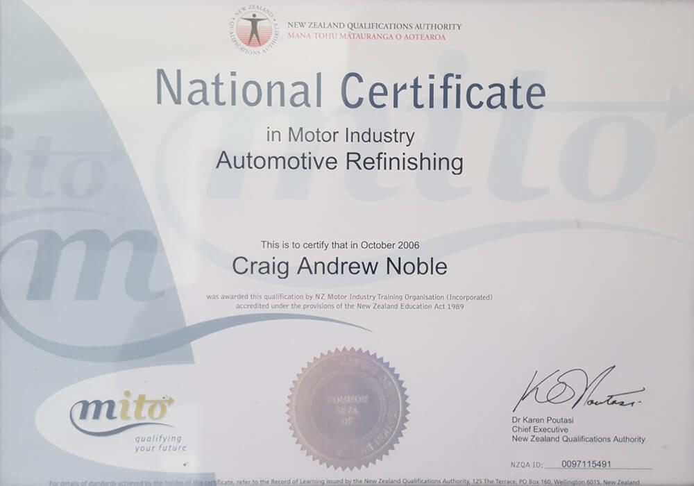 National Certificate In Automotive Refinishing Of Craig Noble Marlborough NZ